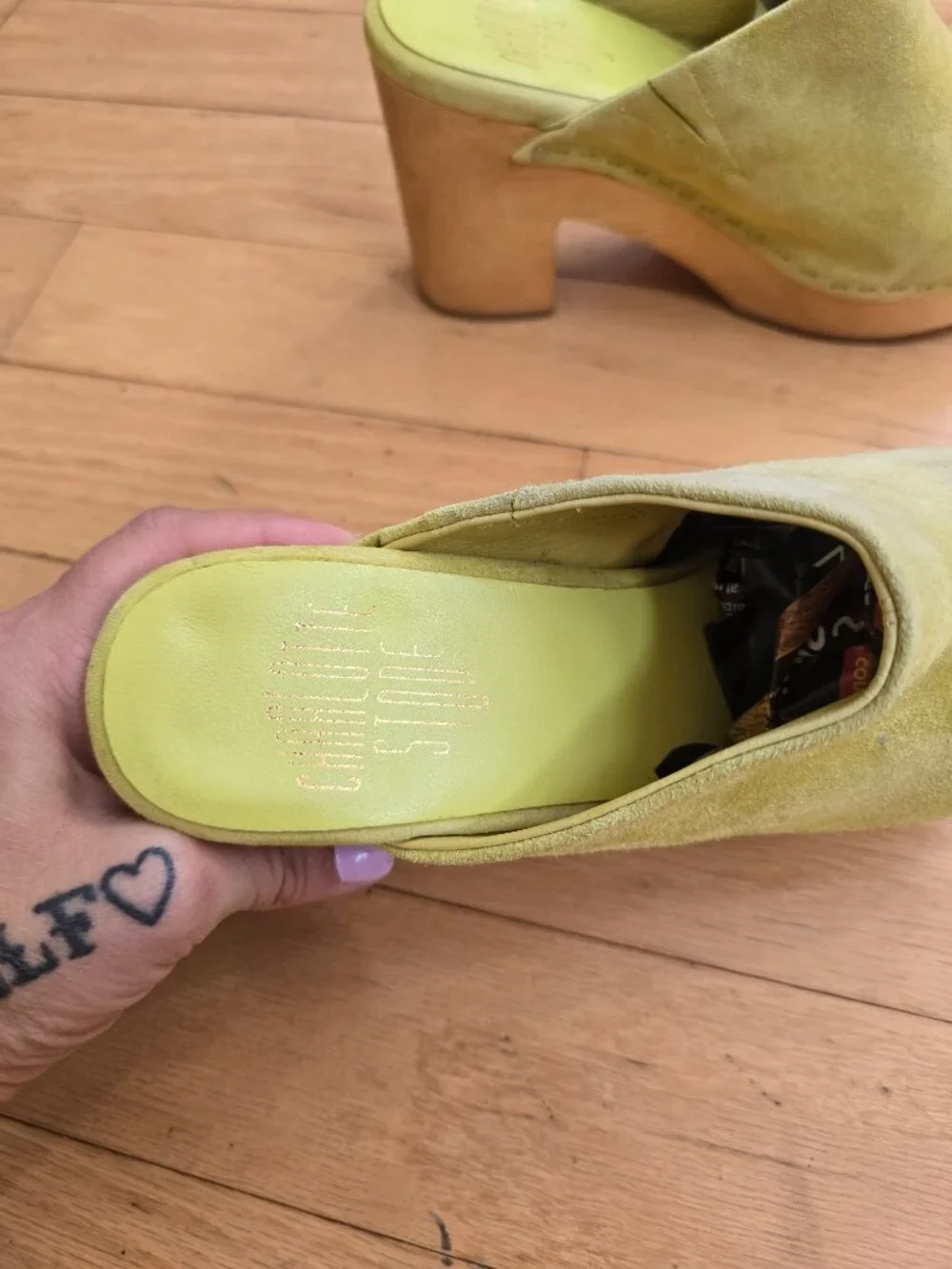 Charlotte Stone | Marlo Lime Green Suede Retro Wooden Platform Mules | WMS 6